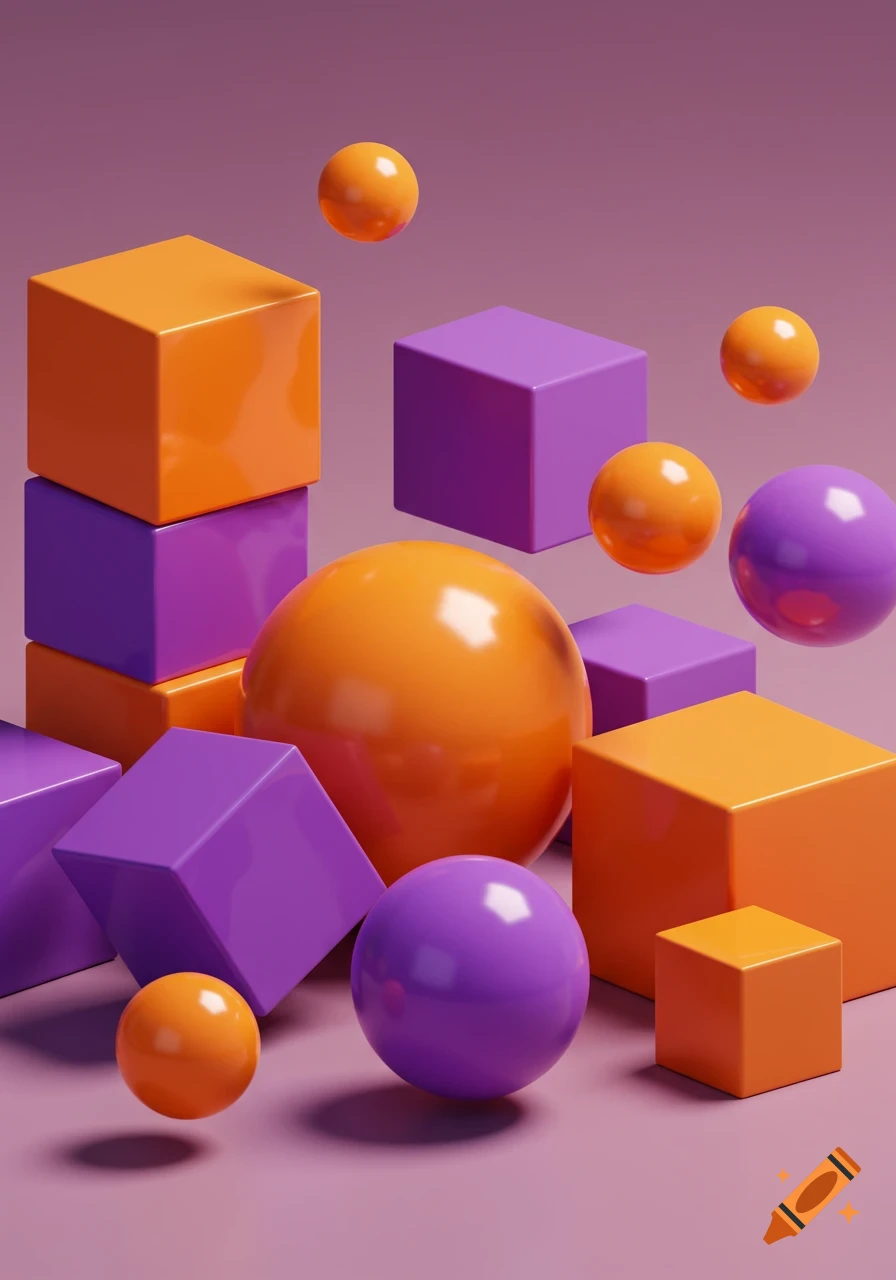 Abstract 3D rendering of orange and purple cubes and spheres