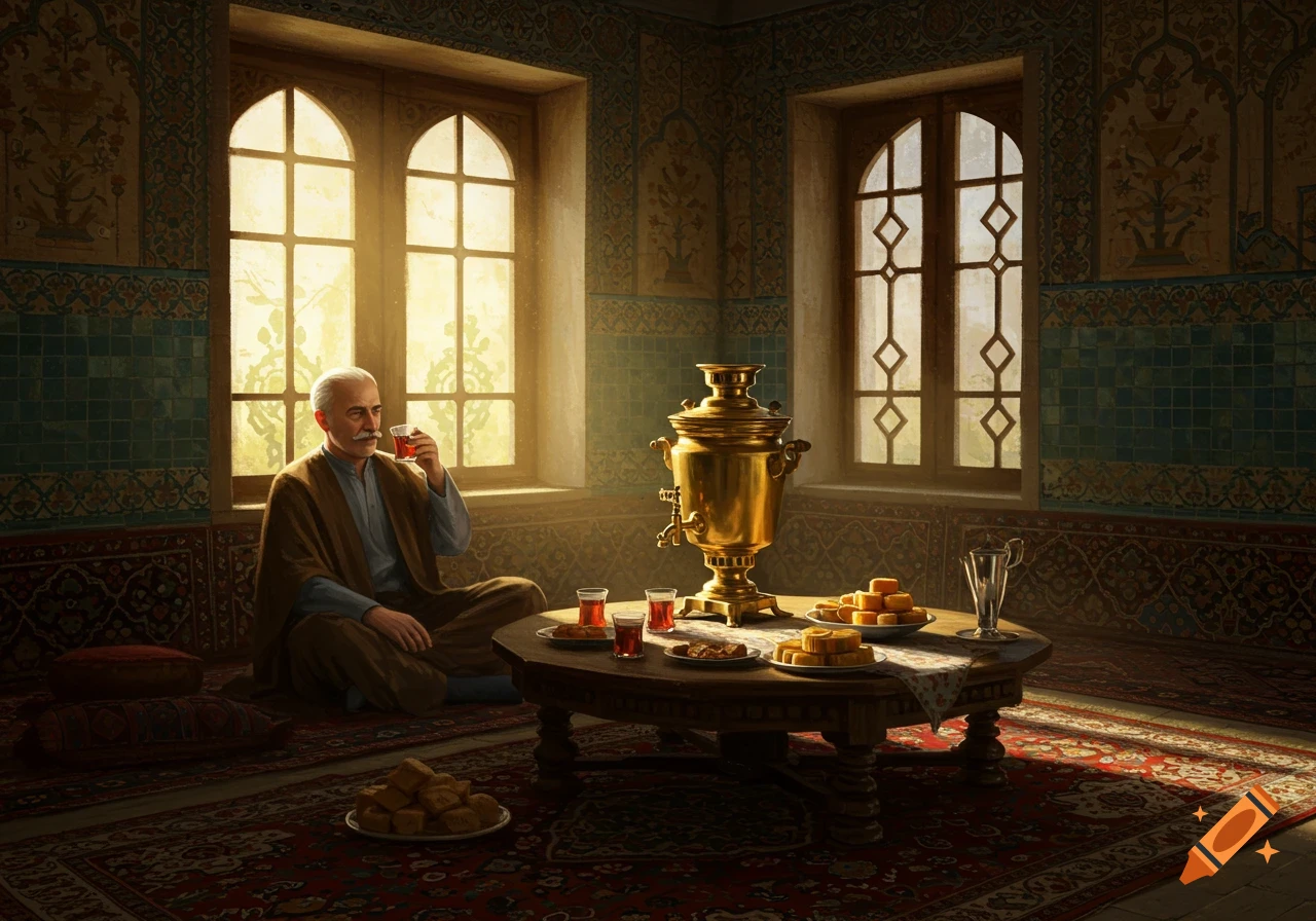 An old man sits and drinks tea in a traditional Iranian room with a samovar.
