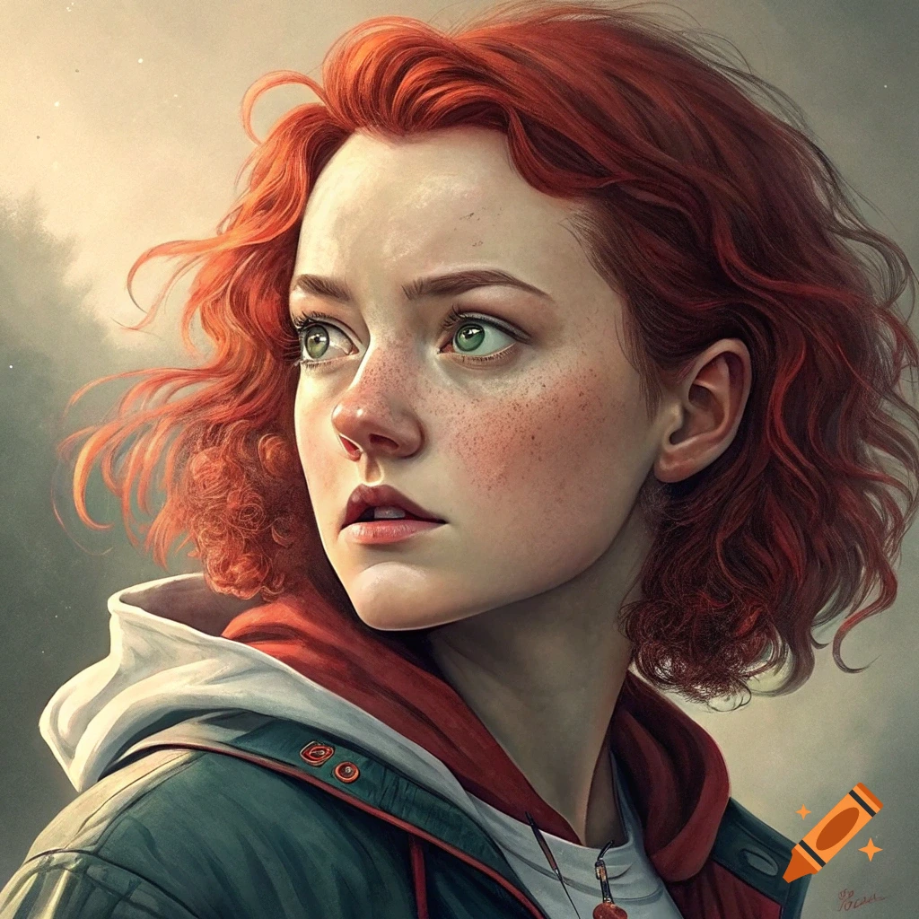 A painterly portrait of a young woman with red hair and green eyes looking left.