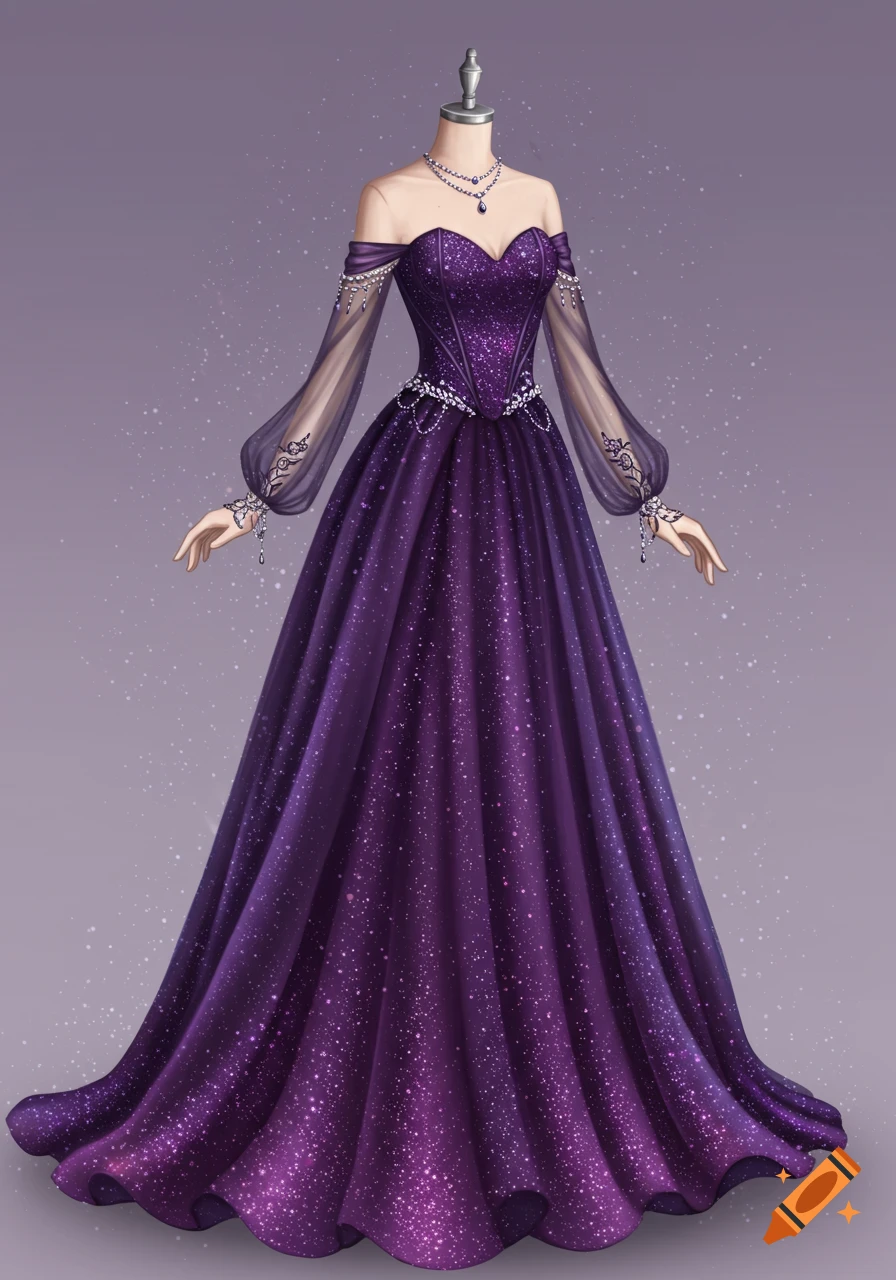 A sparkly purple fantasy gown with sheer sleeves and silver trim displayed on a mannequin.