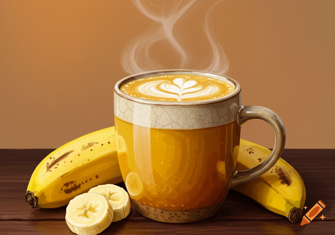 Still life digital painting of a cup of coffee with latte art next to bananas on a wooden table.