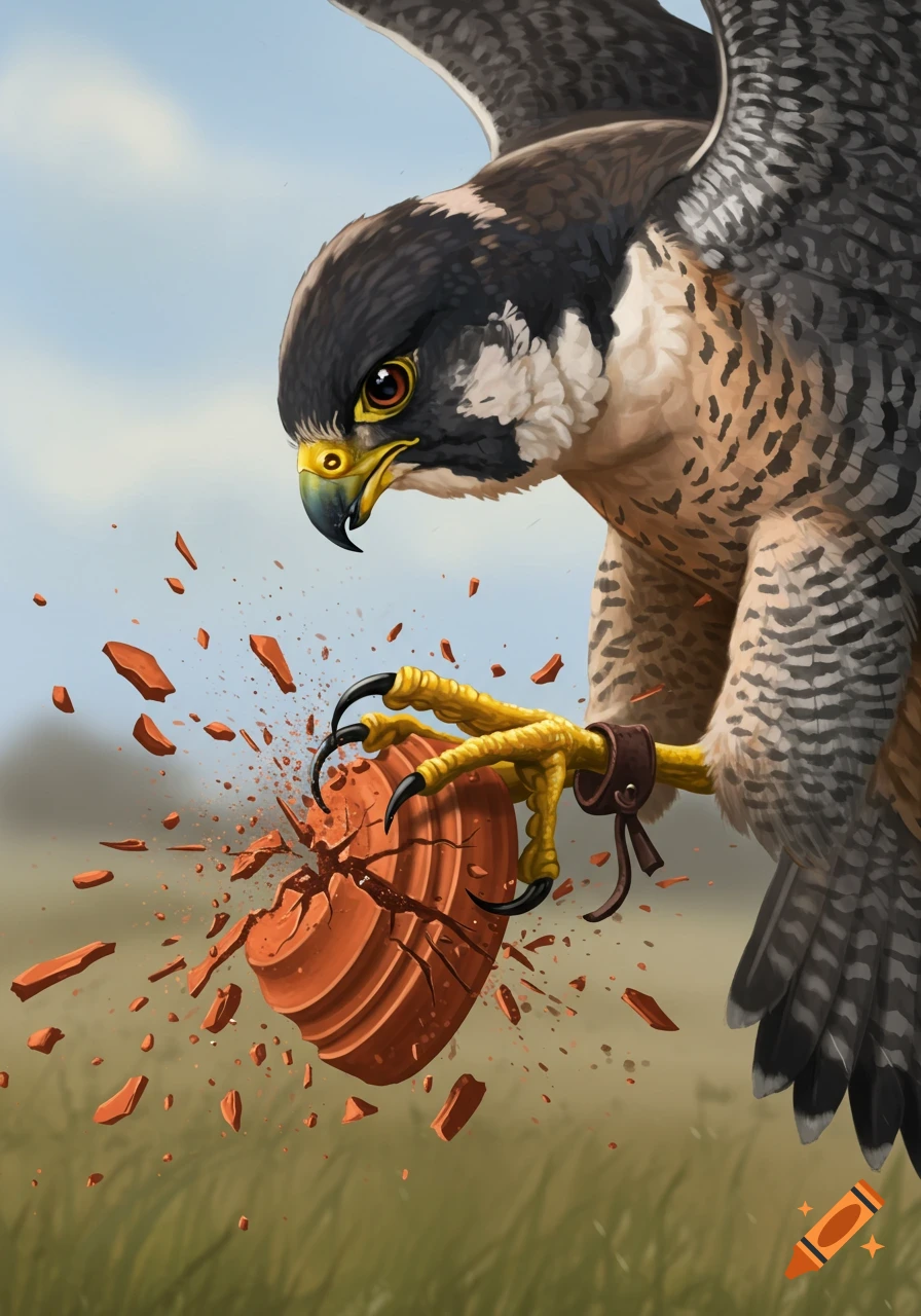 A detailed illustration of a falcon using its talons to smash a clay trap shooting disc, sending fragments flying.