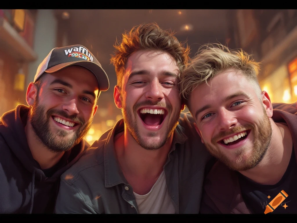 Three men laughing together in a warm indoor setting, one wearing a Wafflin Podcast cap.
