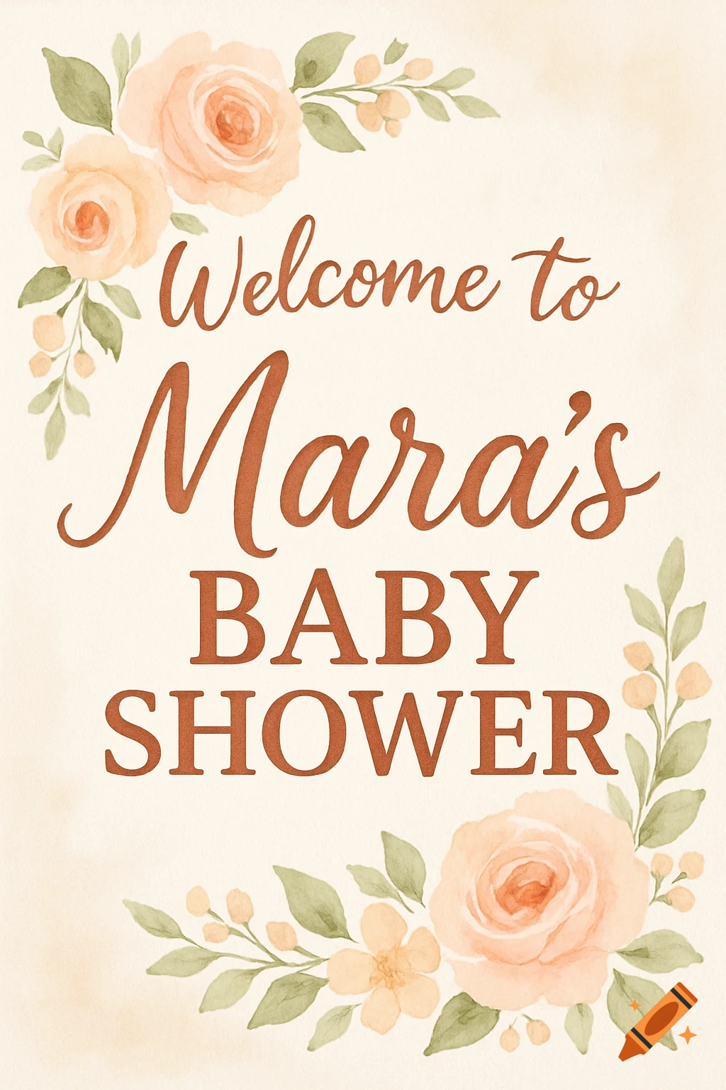 Watercolor welcome sign for a baby shower with floral decorations.