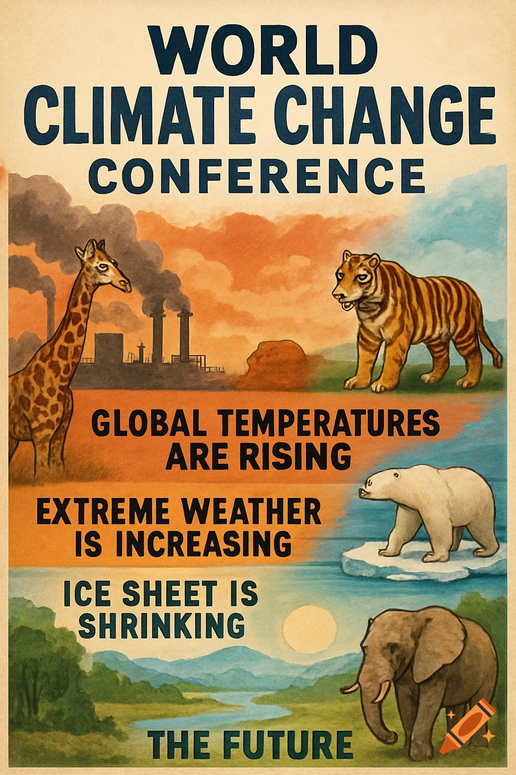 Climate change poster showing a giraffe, tiger, polar bear, and elephant with factory smoke and text about rising temperatures.