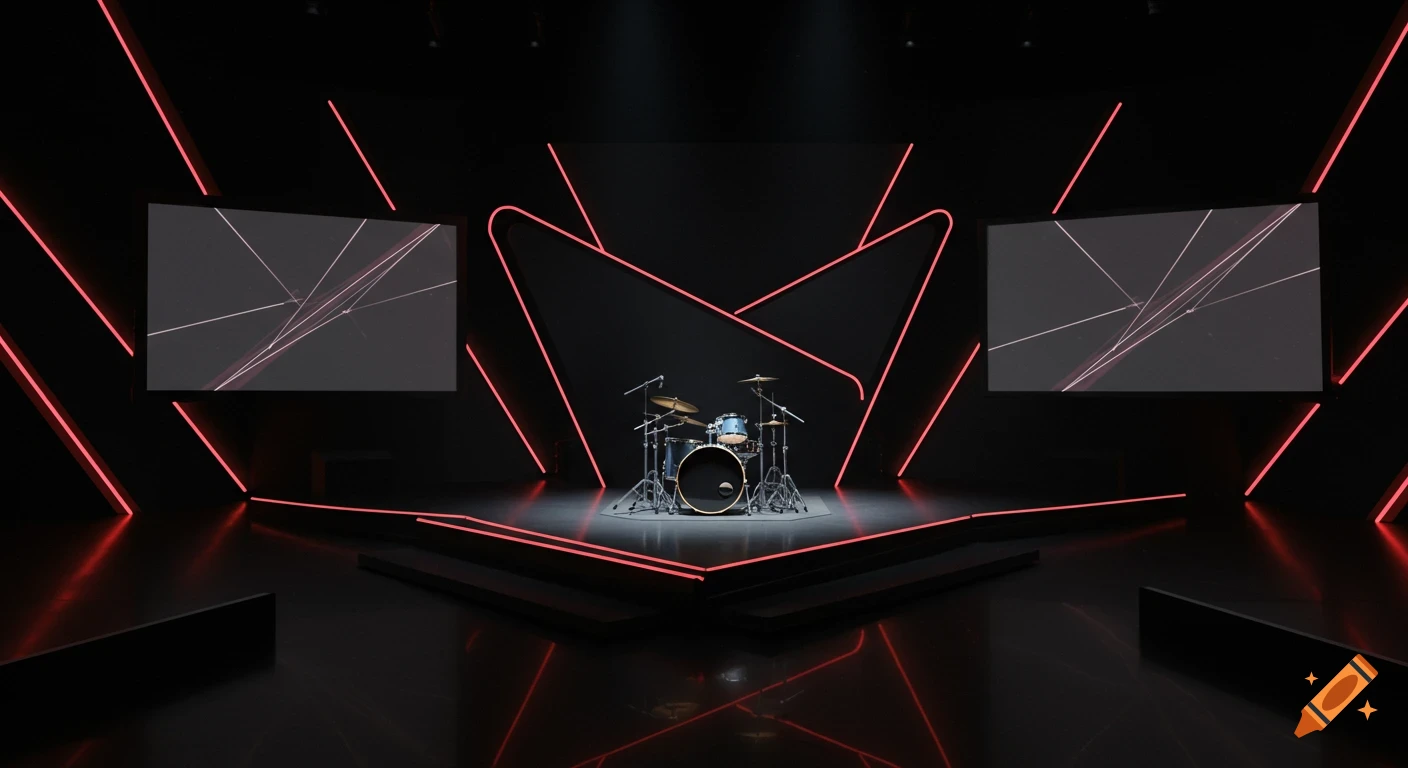 A dark stage setup with glowing red geometric lines, two screens, and a drum set in the center.