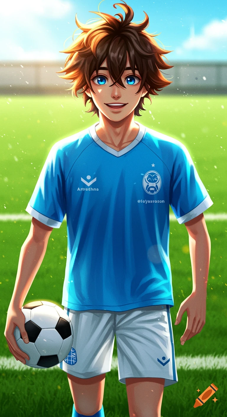 Anime illustration of a teenage boy soccer player holding a ball on a ...