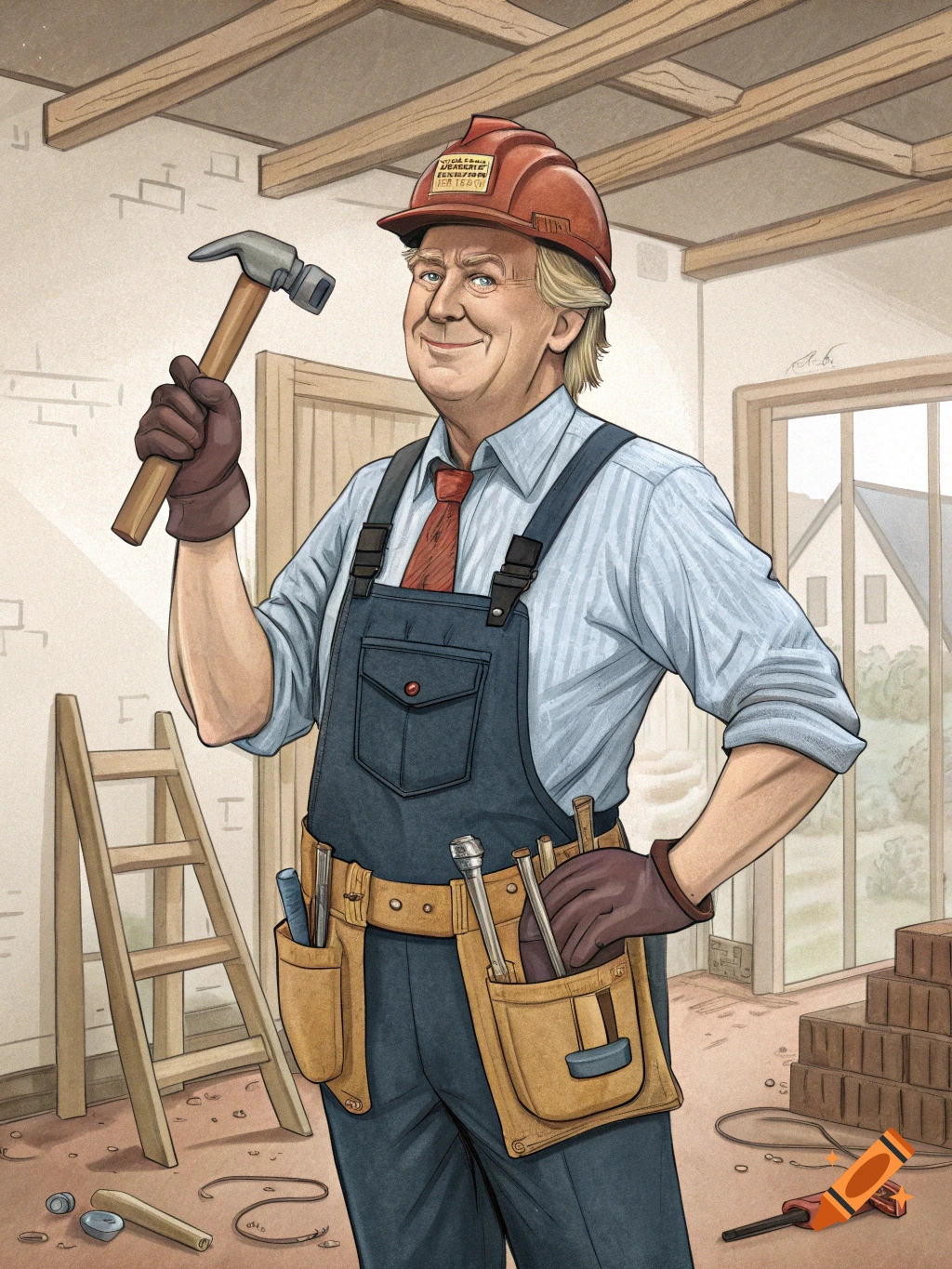 Illustration of Donald Trump dressed as a construction worker holding a hammer in an unfinished room.