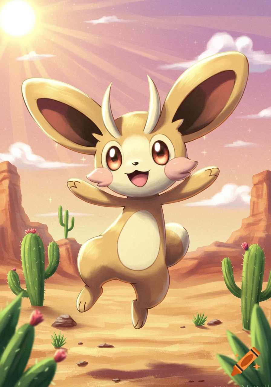 Cute cartoon jerboa-like fantasy creature stands in a bright desert landscape with cacti.