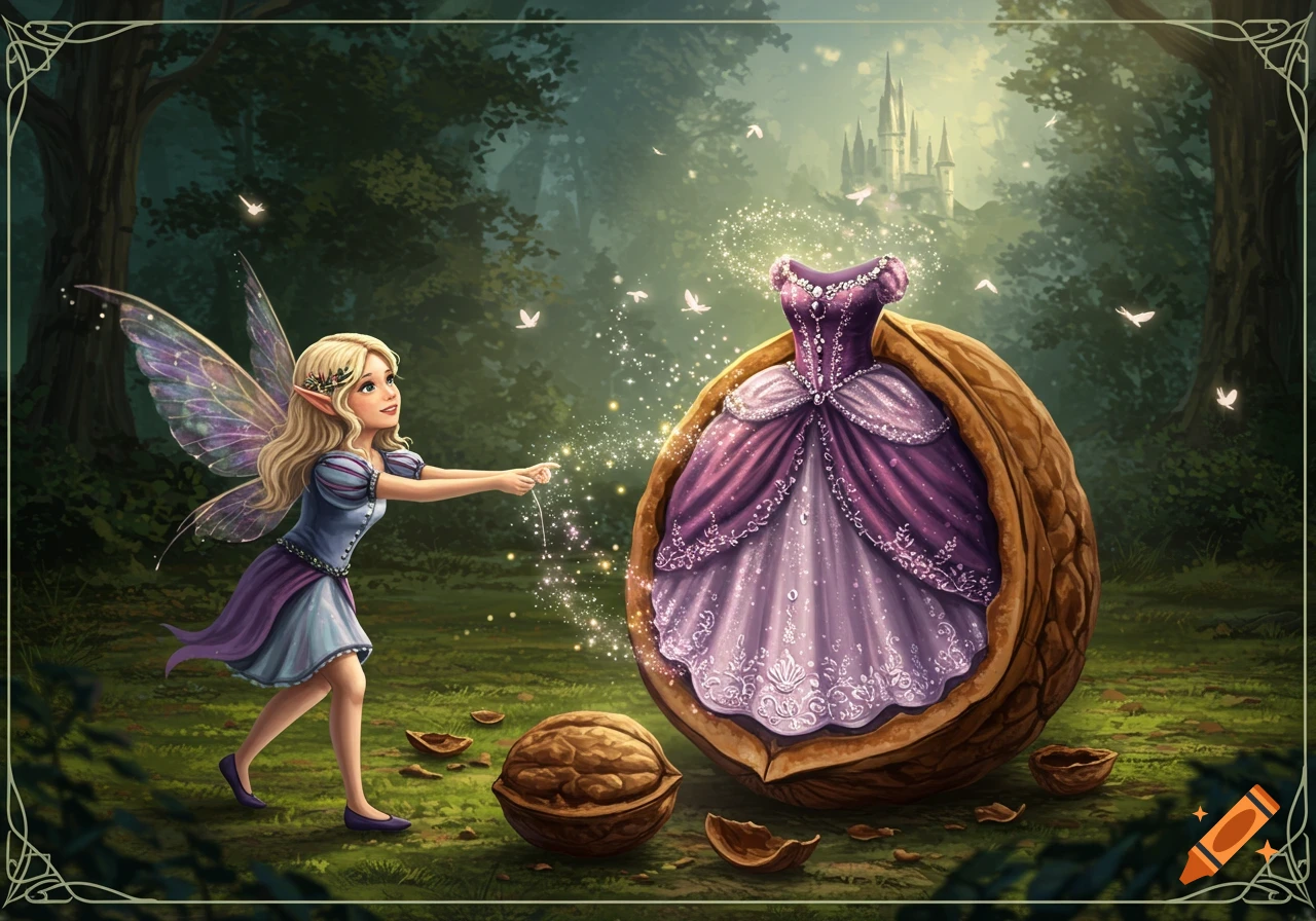 A fairy pulls a sparkling purple dress from a giant walnut shell in a forest with a castle in the background.
