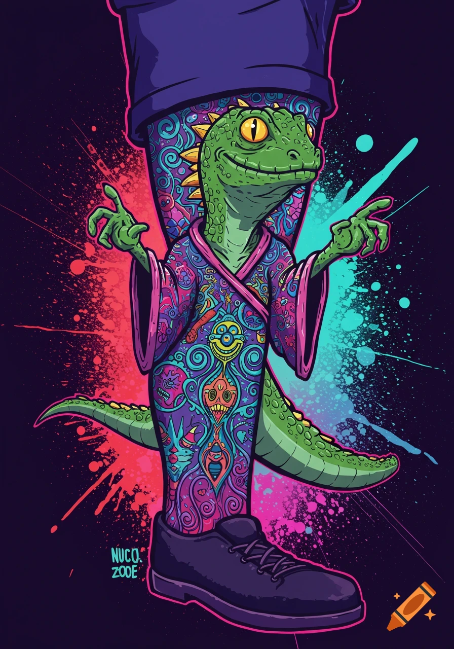 A colorful illustration of a cartoon lizard wizard in a patterned robe.