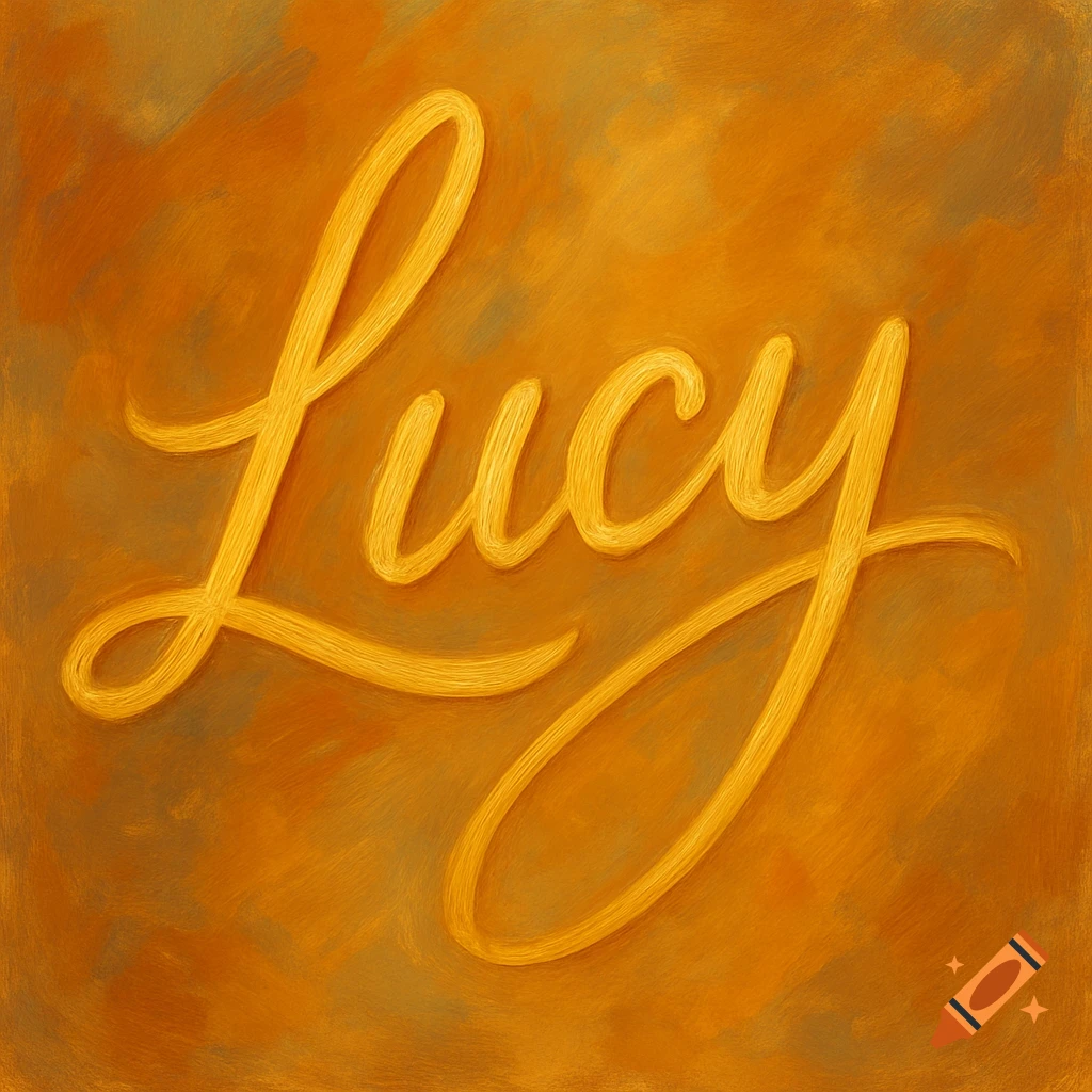 Golden cursive lettering spelling 'Lucy' on an orange painted background.