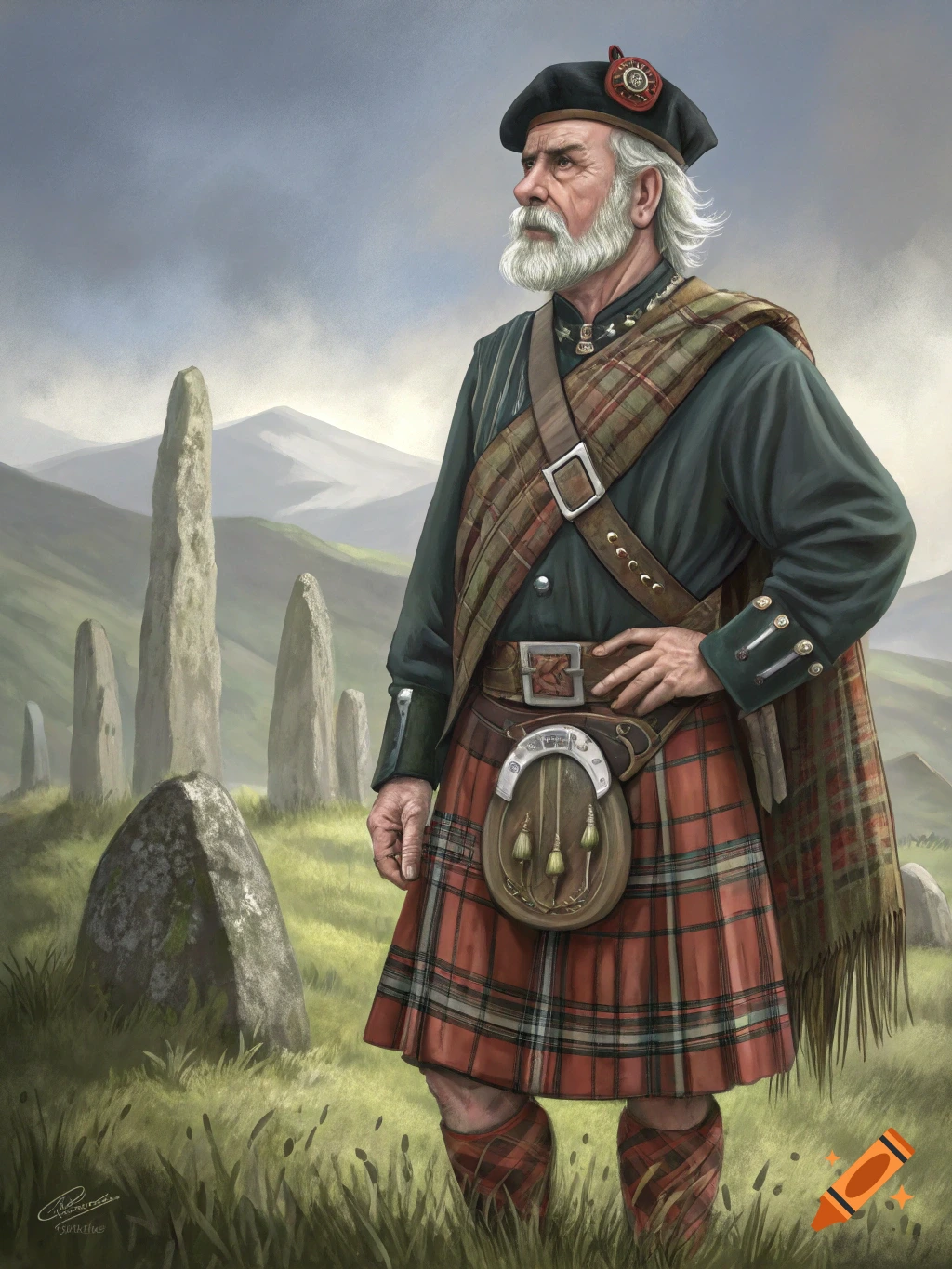 Painting of an older man in Scottish Highland dress among standing stones.