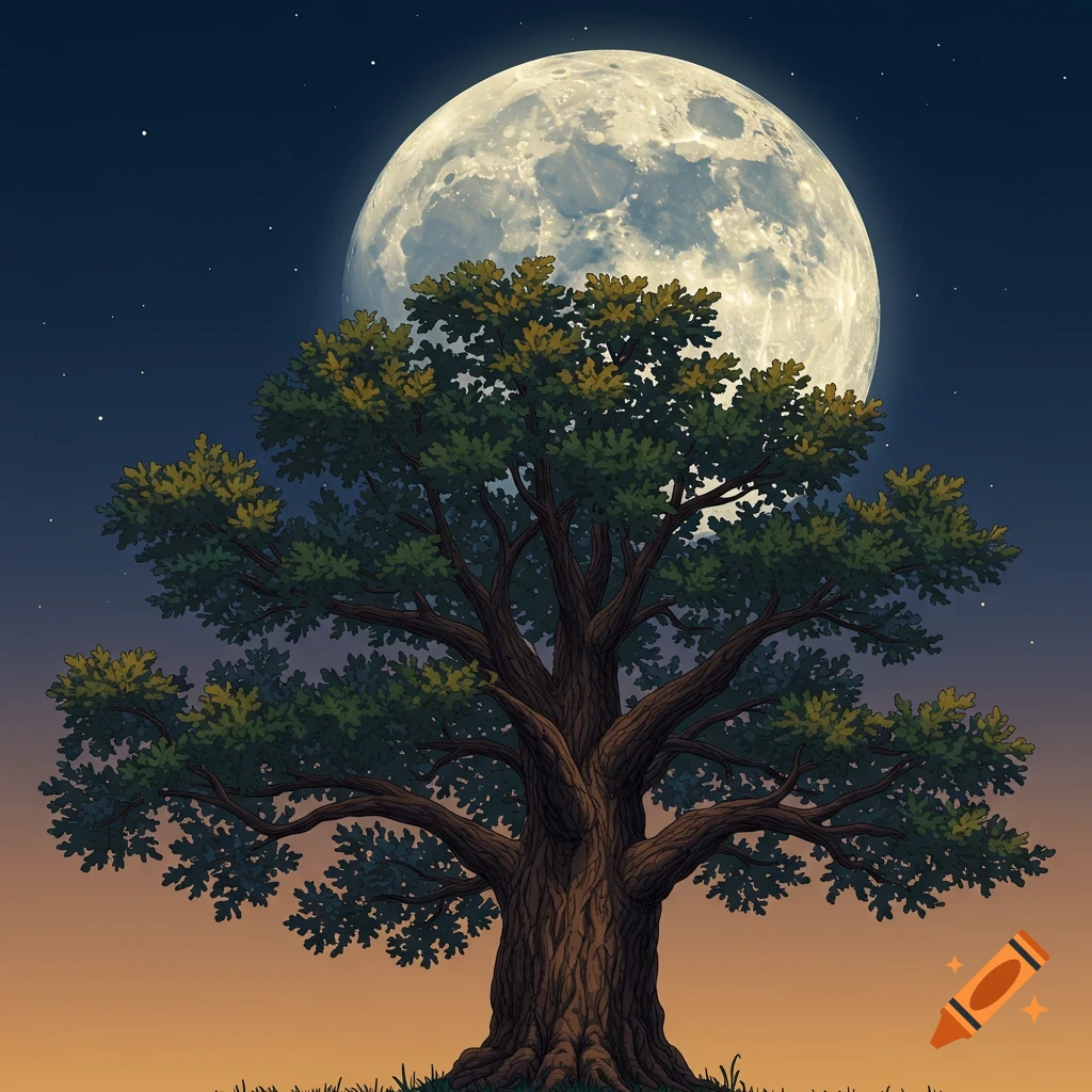 Large oak tree against a night sky with a full moon.
