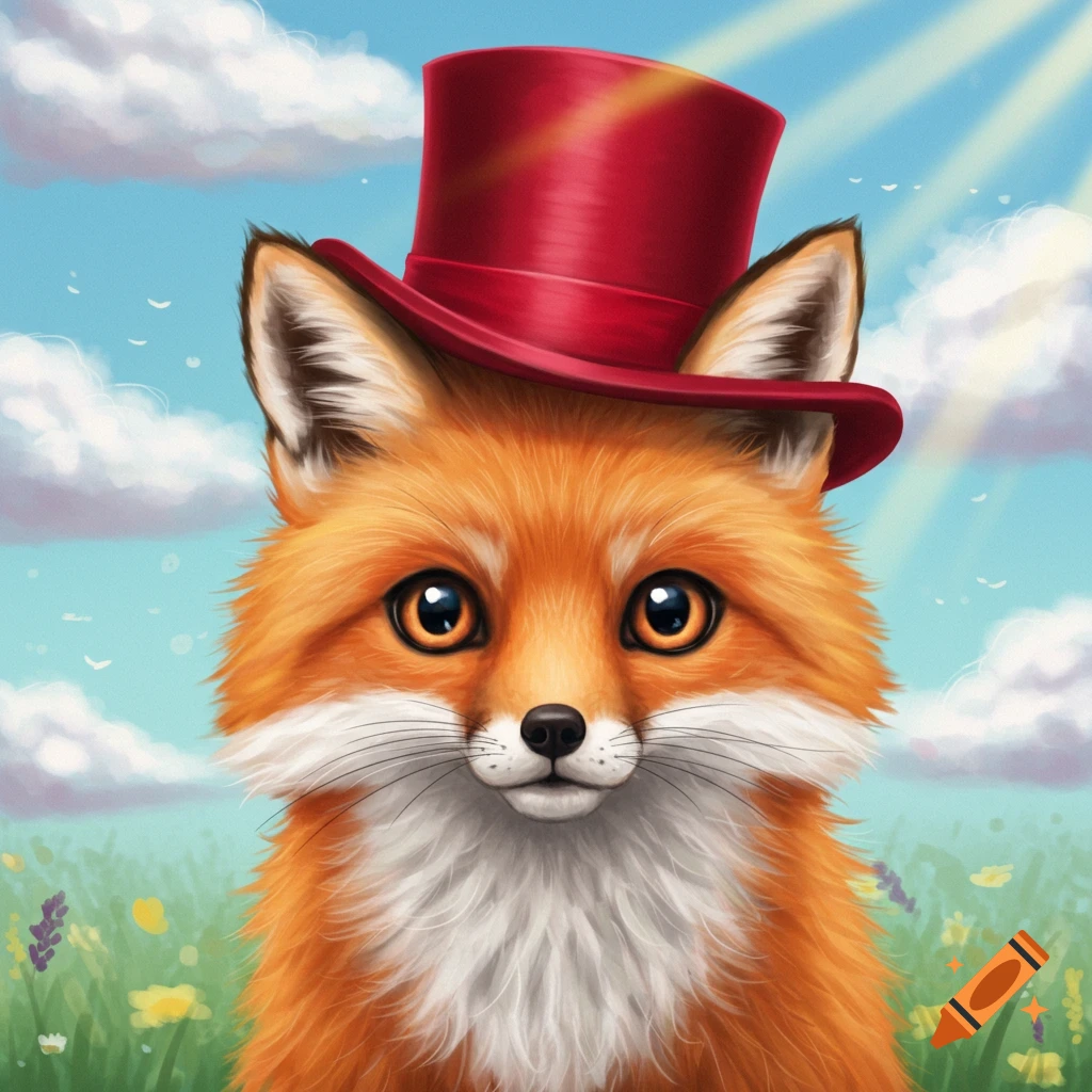 Cute fox wearing a red top hat in a field under a cloudy sky, illustration style.