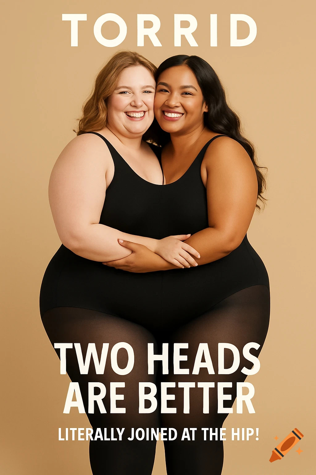 Ad for Torrid featuring two smiling women in black leotards and tights hugging, creating a merged body illusion. Text reads "TORRID" and "TWO HEADS ARE BETTER LITERALLY JOINED AT THE HIP!".