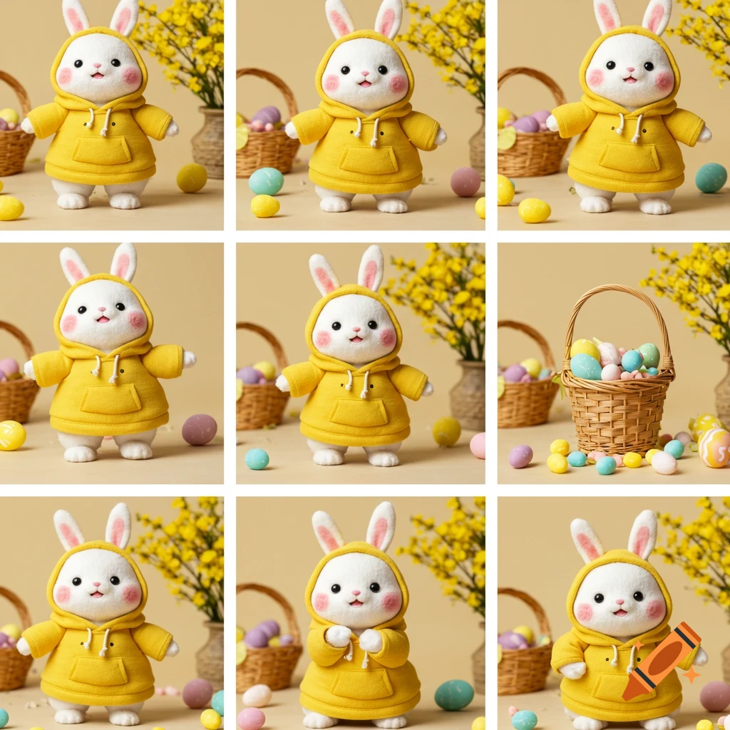 A cute white bunny toy wearing a yellow hoodie sits among Easter eggs and flowers.