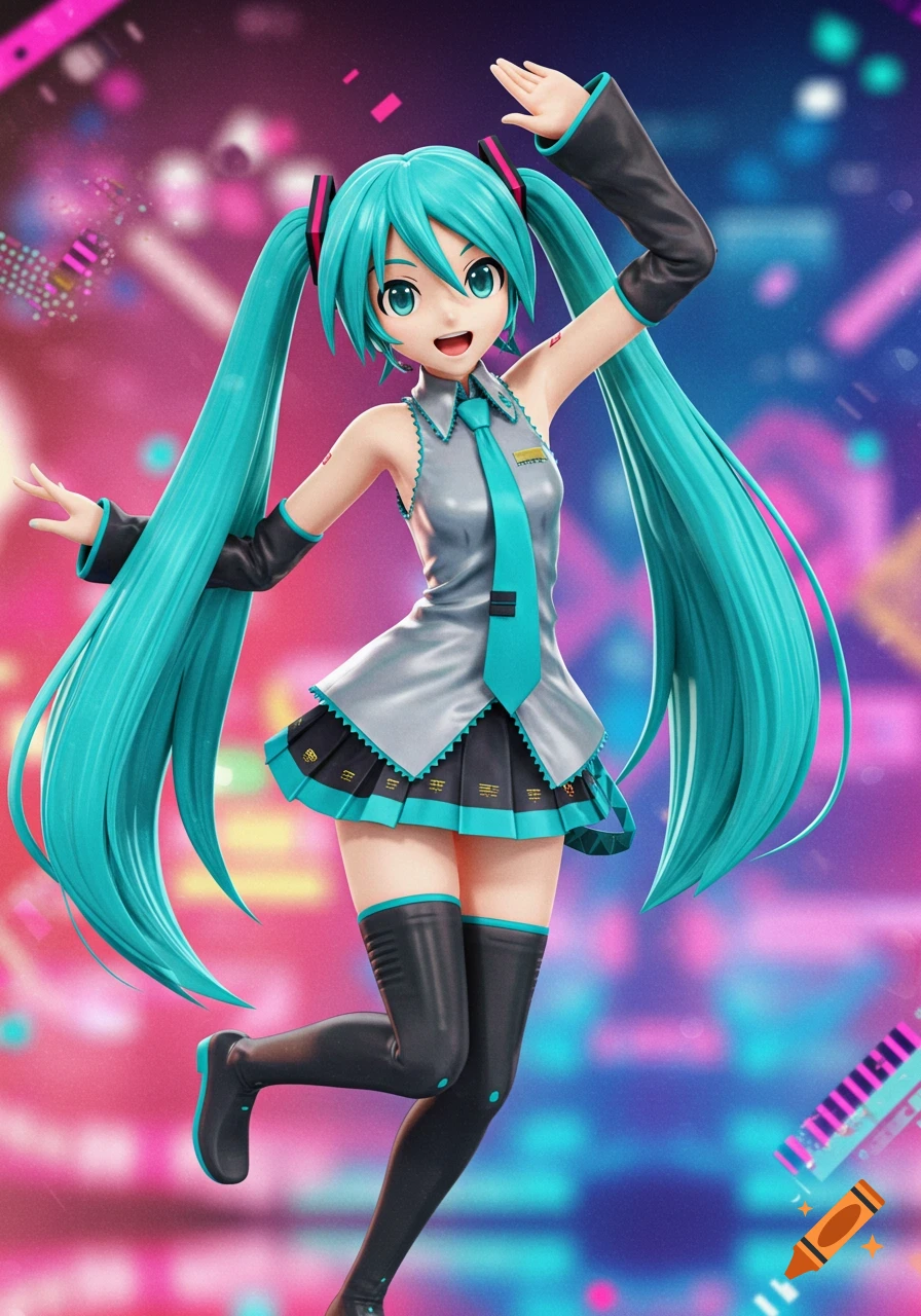 Hatsune Miku dancing in her signature outfit against a colorful background.