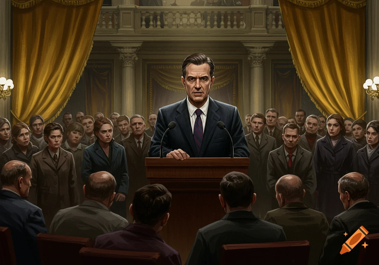 A man in a suit speaks at a podium to a crowd in a formal setting.