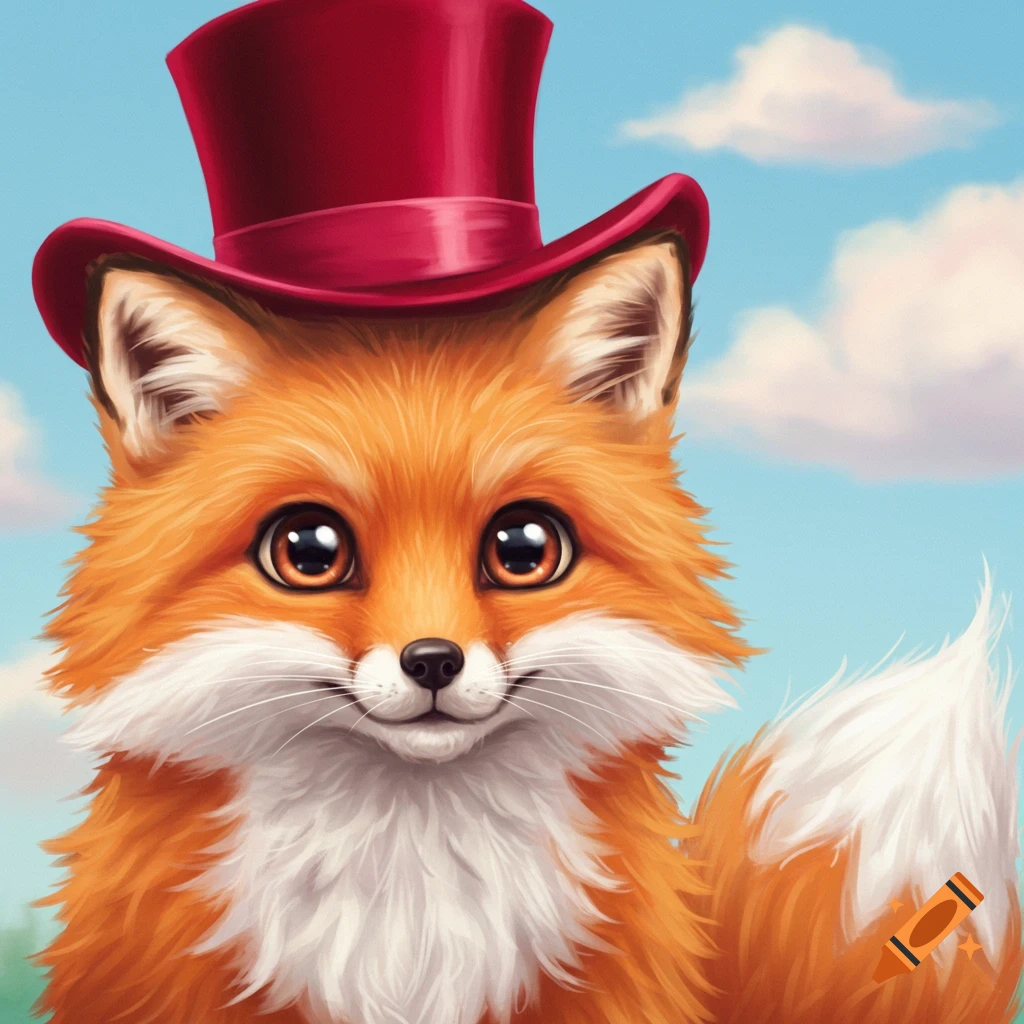 A cute, fluffy fox wearing a red top hat looks directly at the viewer.