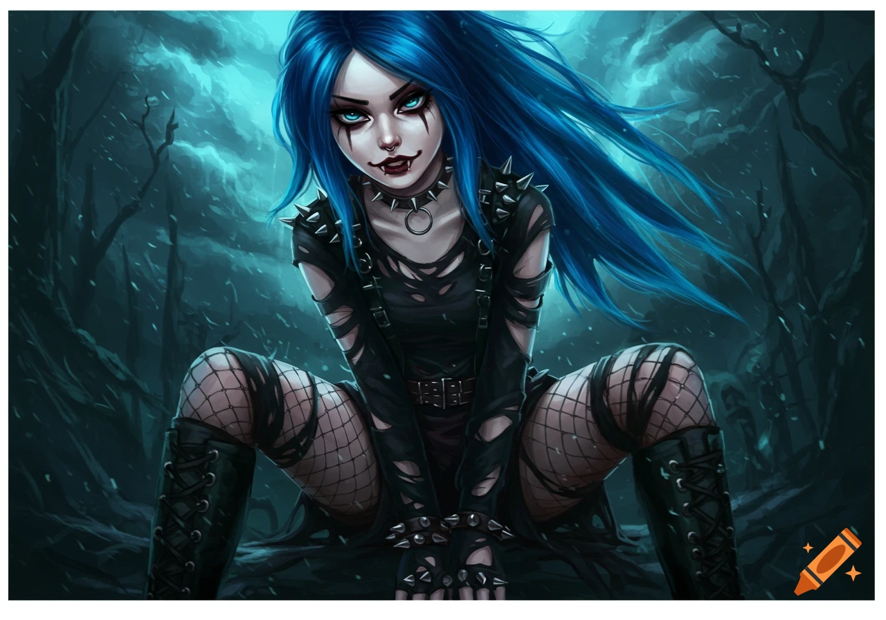 Goth girl with blue hair, ripped clothing, and fishnet stockings sits in a dark forest.