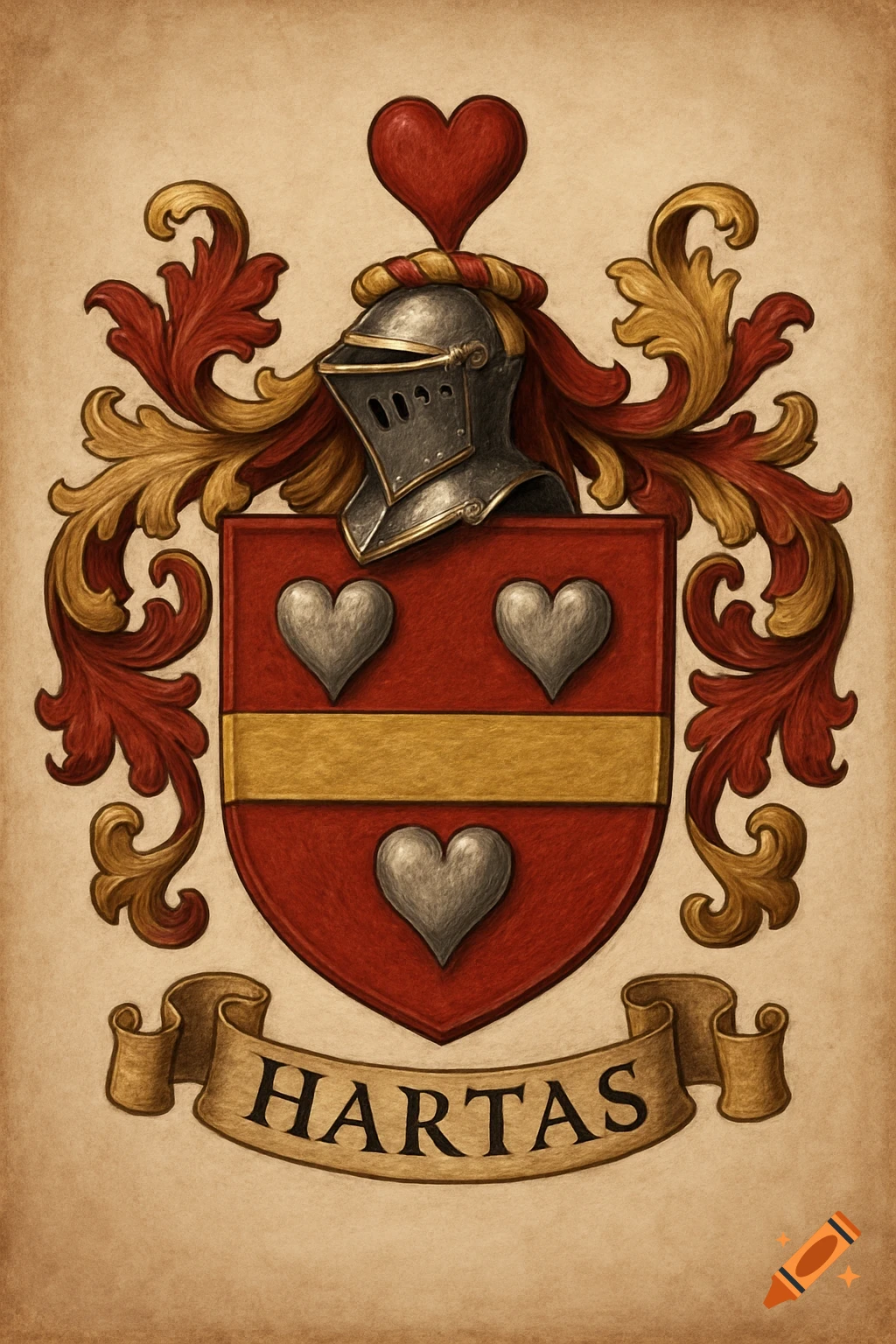 Painted family crest with hearts, helmet, and a banner reading HARTAS