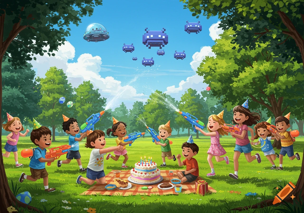 Kids have a birthday party in a park, shooting water guns at pixelated space invaders and a UFO in the sky. Illustration style.