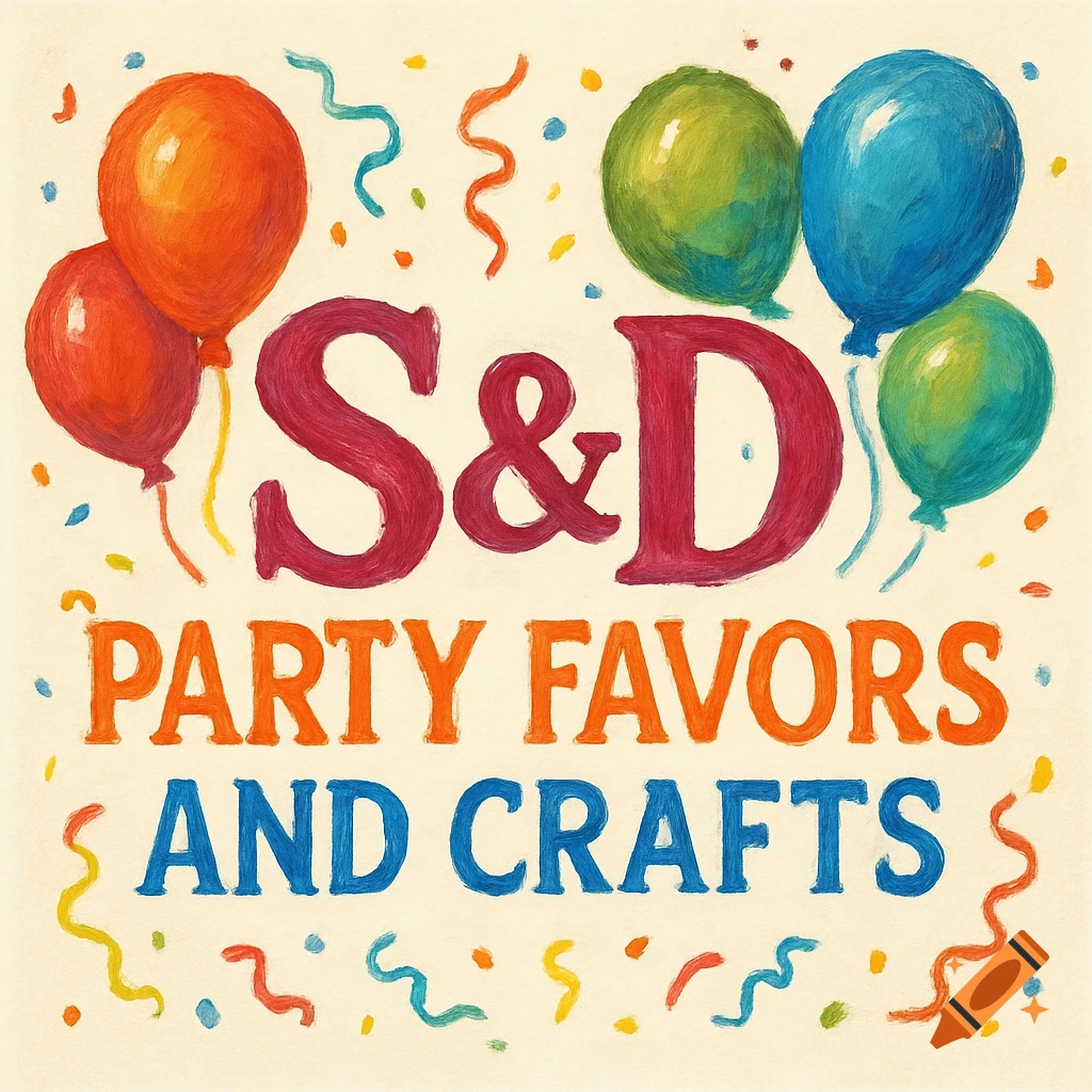 Colorful logo with text "S&D Party Favors and Crafts", balloons, and confetti in a painted style.