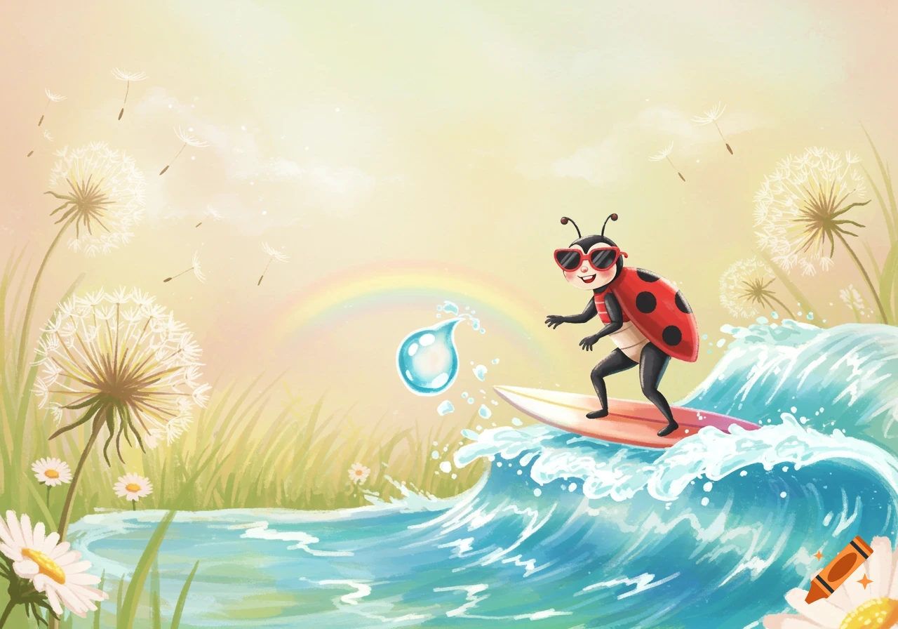 Cartoon ladybug wearing sunglasses surfs a wave with dandelions, daisies, and a rainbow