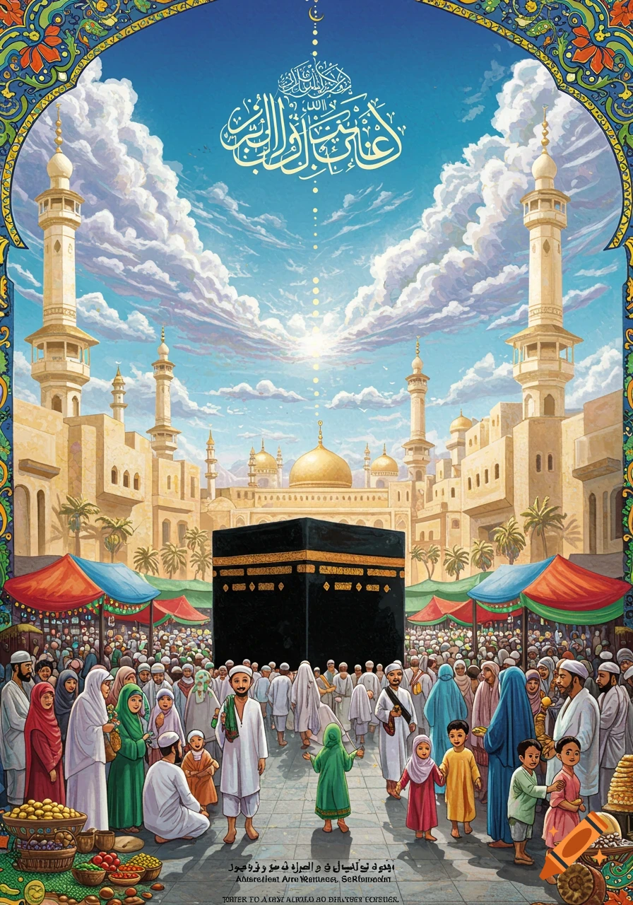 Illustrative painting of a large crowd gathered around the Kaaba in Mecca, with mosque buildings, market stalls, and calligraphy in the sky.