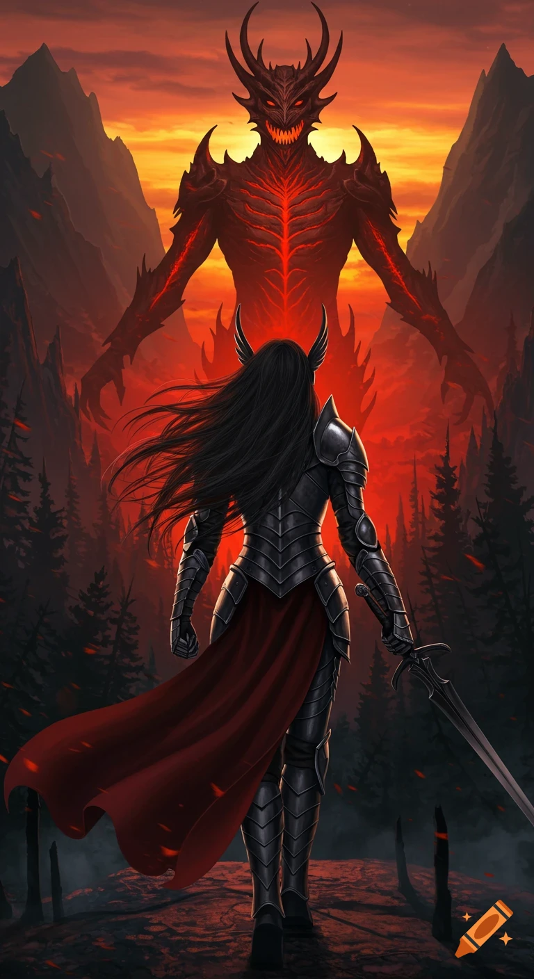 Warrior in dark armor faces a large red demon against a sunset sky. on ...