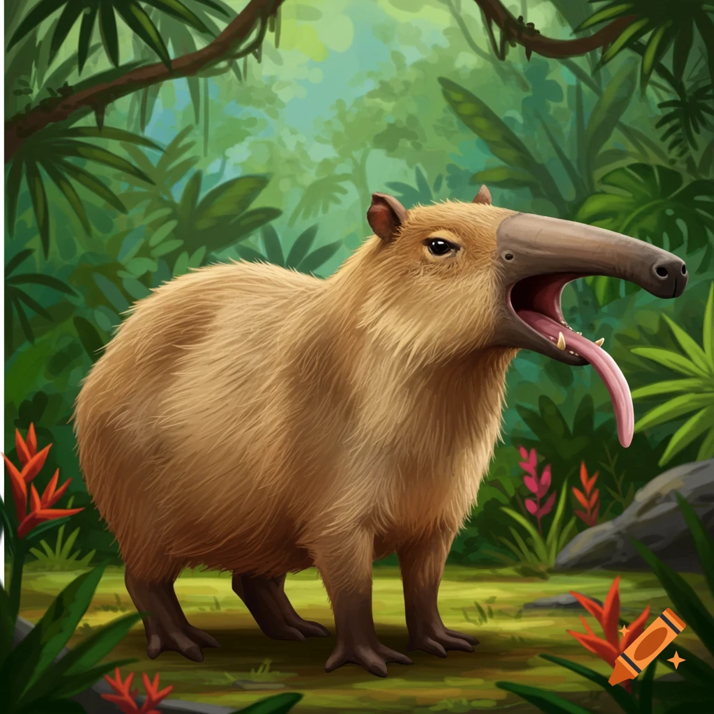 Illustration of a capybara-anteater hybrid in a jungle