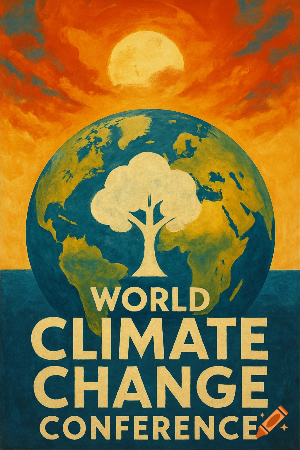 Poster for the World Climate Change Conference, depicting a globe with a tree silhouette under a sun and clouds.