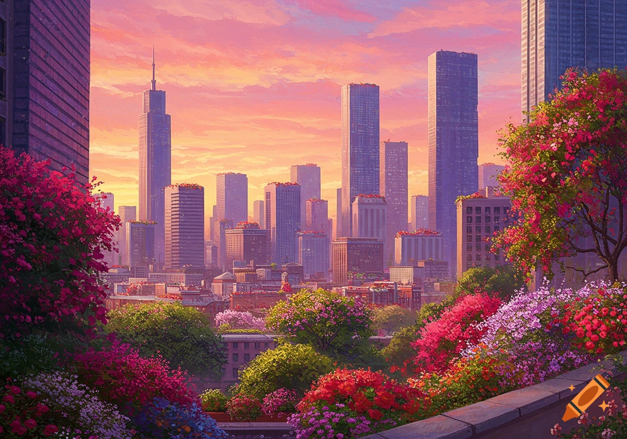 A vibrant, colorful cityscape with towering buildings framed by lush, pink and purple flowering trees under an orange and pink sky.