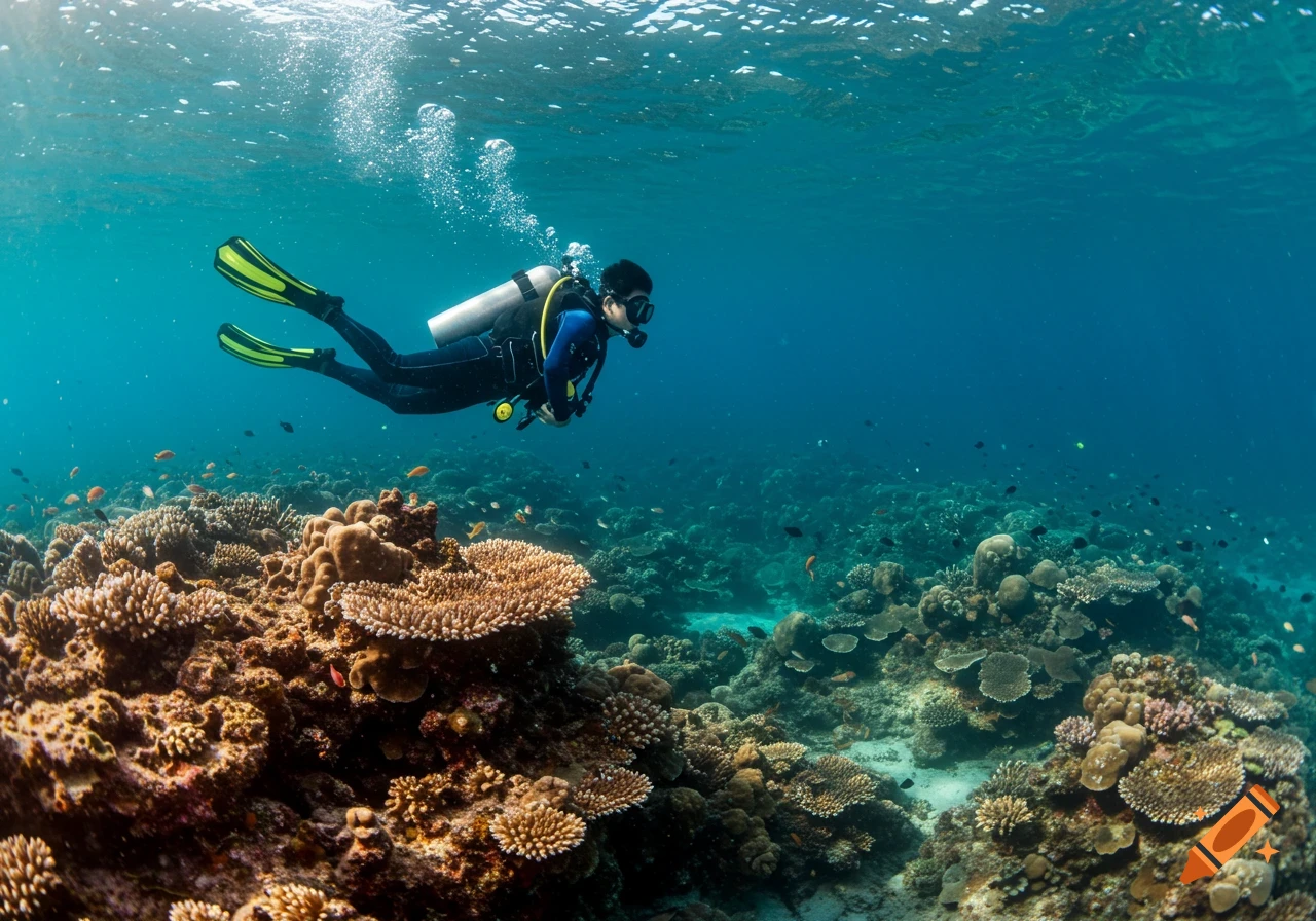 A scuba diver swims over a colorful coral reef