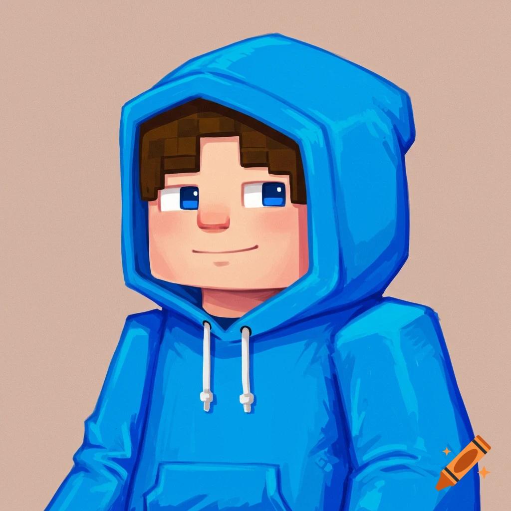 Minecraft-style character in a blue hoodie portrait.