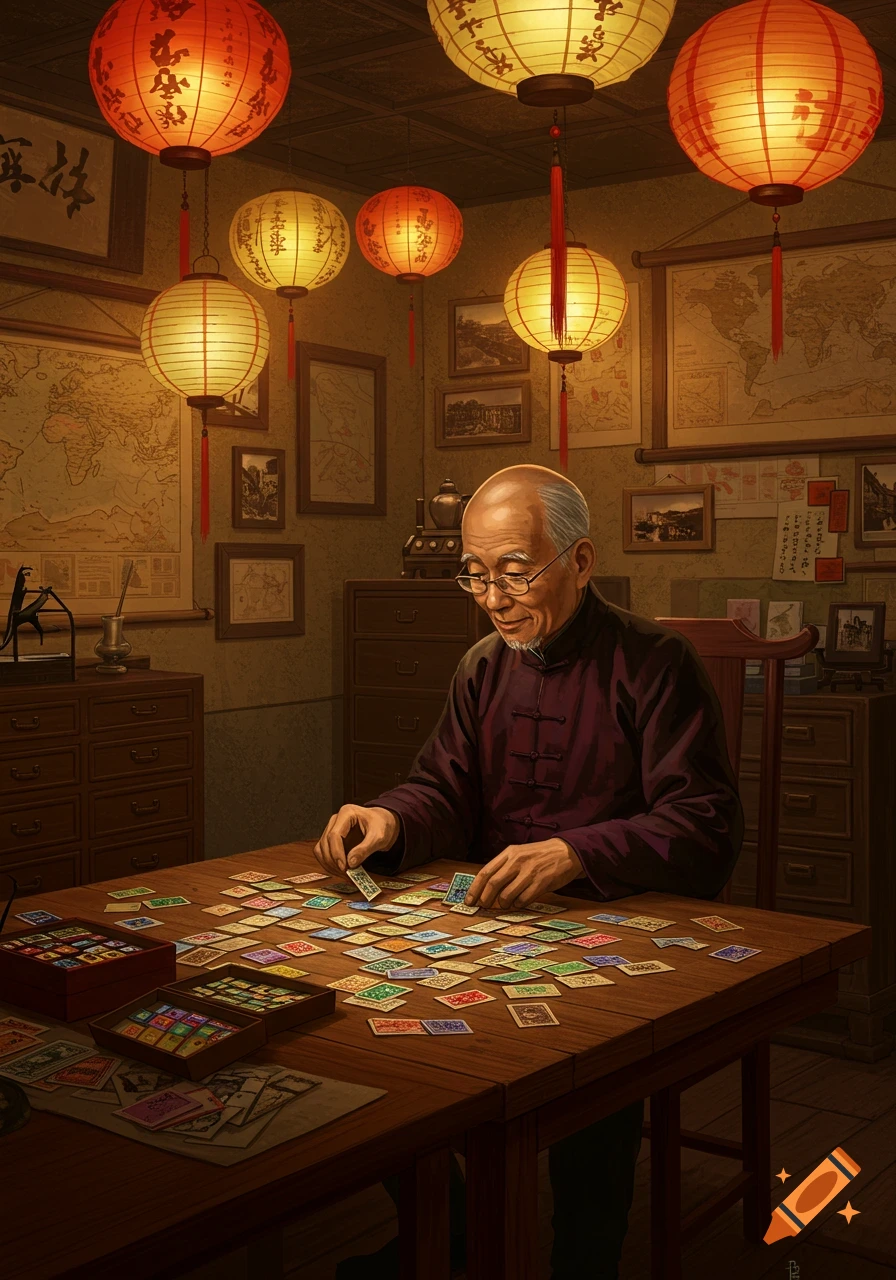 An old man sits at a table, sorting stamps under glowing Chinese lanterns.