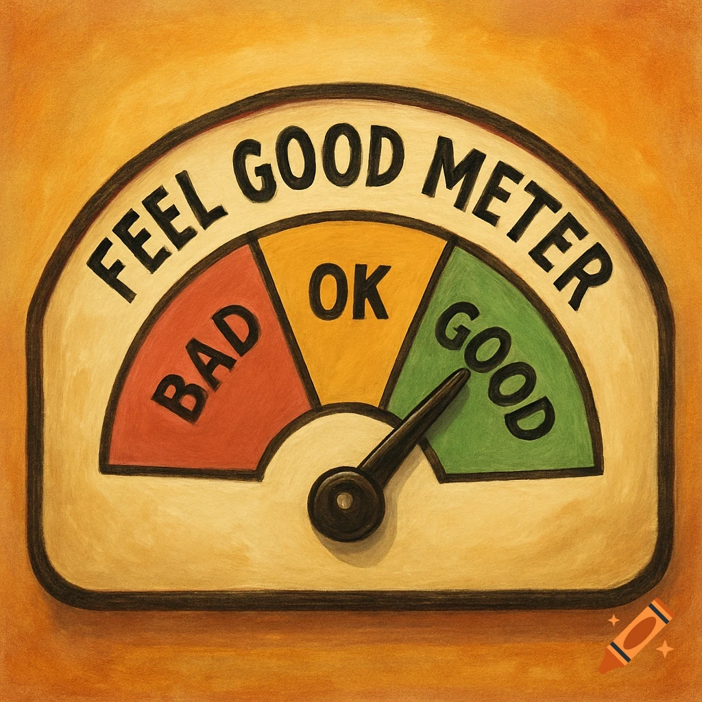 Illustration of a feel good meter with needle pointing to GOOD, labeled BAD, OK, and GOOD.