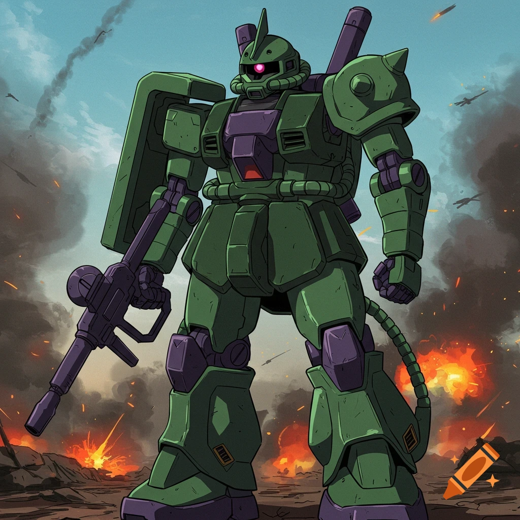 Green and purple Zaku II mech stands on a battleground with explosions and smoke in an anime style.