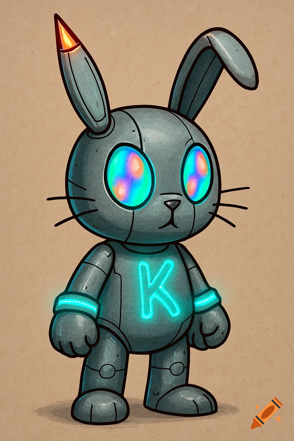 A cartoon robot bunny with glowing eyes and a glowing K on its chest