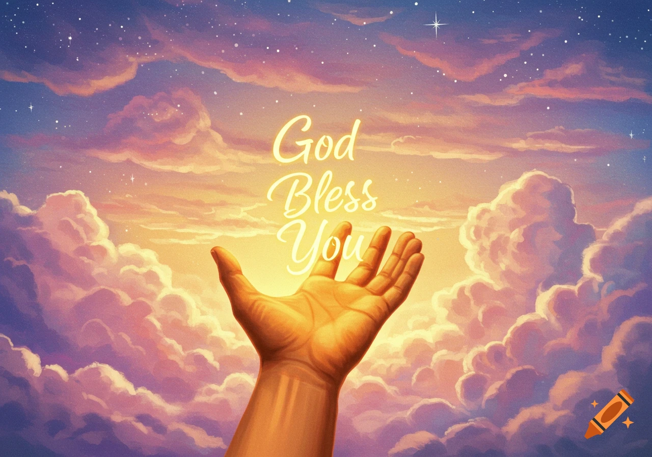 A hand reaches towards glowing text that reads "God Bless You" in a painted style sky filled with clouds and stars.