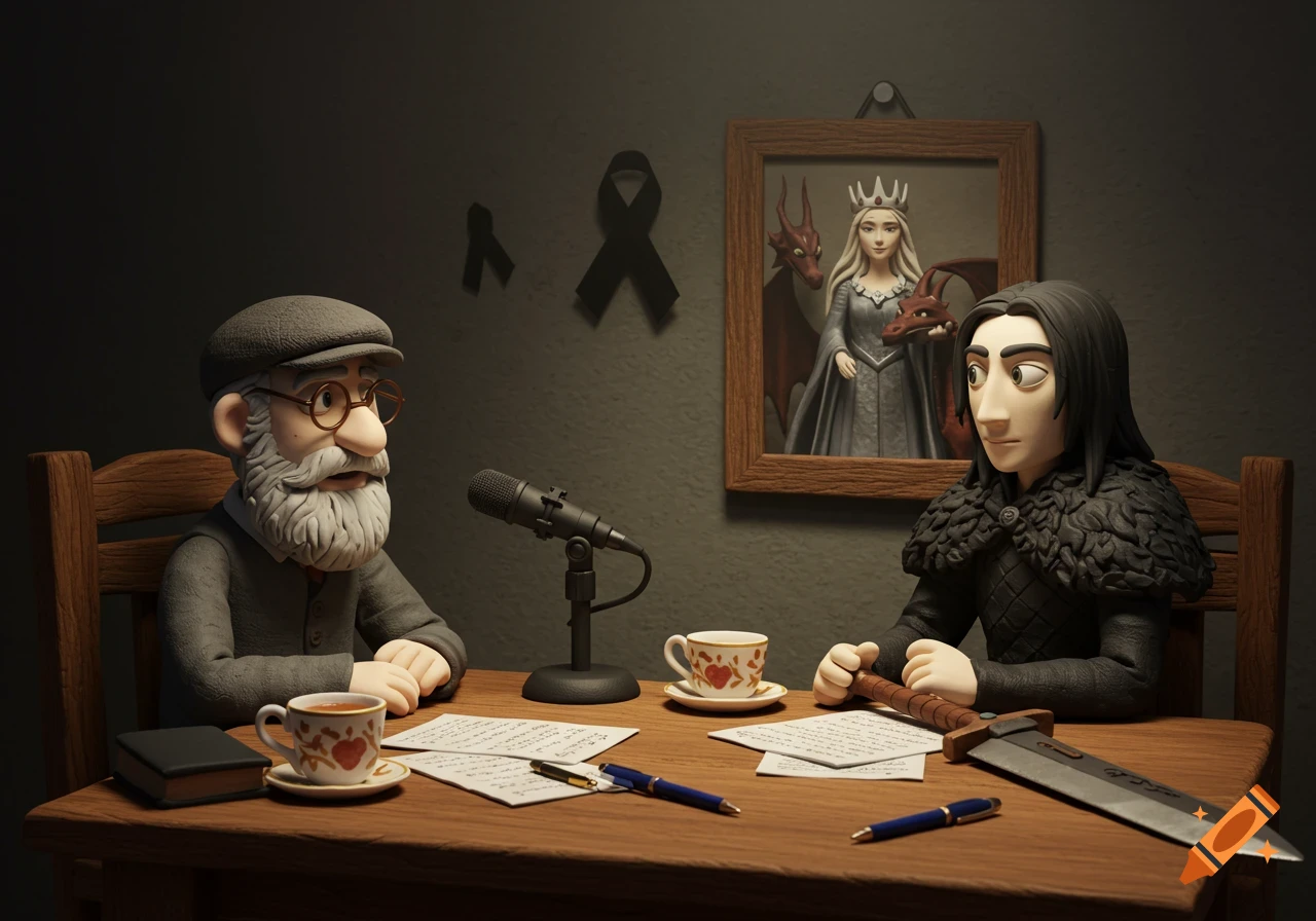 Claymation image: Older man and younger man in fantasy attire record a podcast at a table with papers, a sword, and a framed portrait of a queen and dragon.