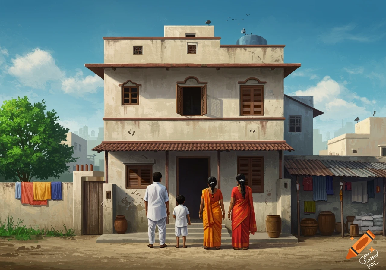 An Indian family stands before a house in a sunny neighborhood.