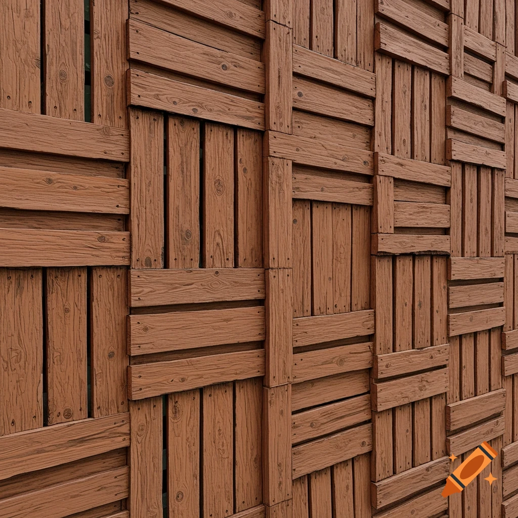 Close-up of a modern wooden fence made of interwoven boards.