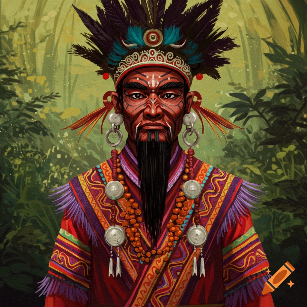 Portrait of a person with tribal headdress and face paint in a forest, digital art style