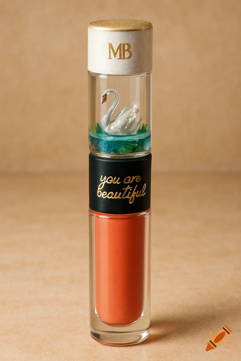 Photorealistic lip gloss tube with swan figurine and 'you are beautiful' text on a warm background.