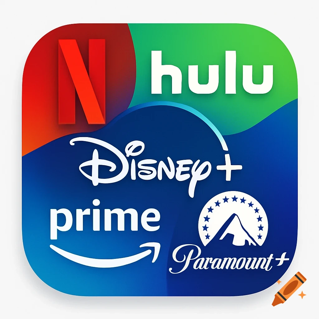App icon collage of streaming service logos: Netflix (N), Hulu, Disney+, Amazon Prime, Paramount+.