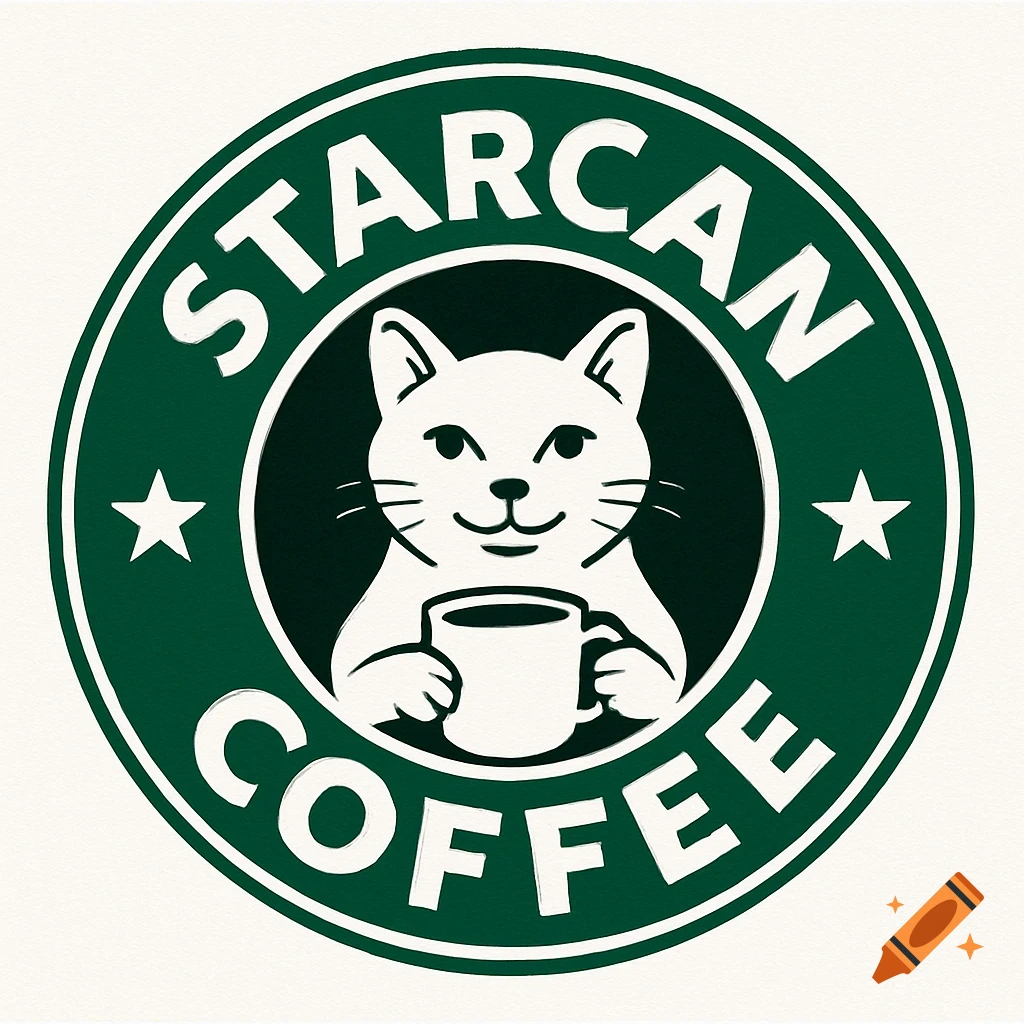A logo parody featuring a white cat holding a coffee mug inside a green circle with the words STARCAN COFFEE.