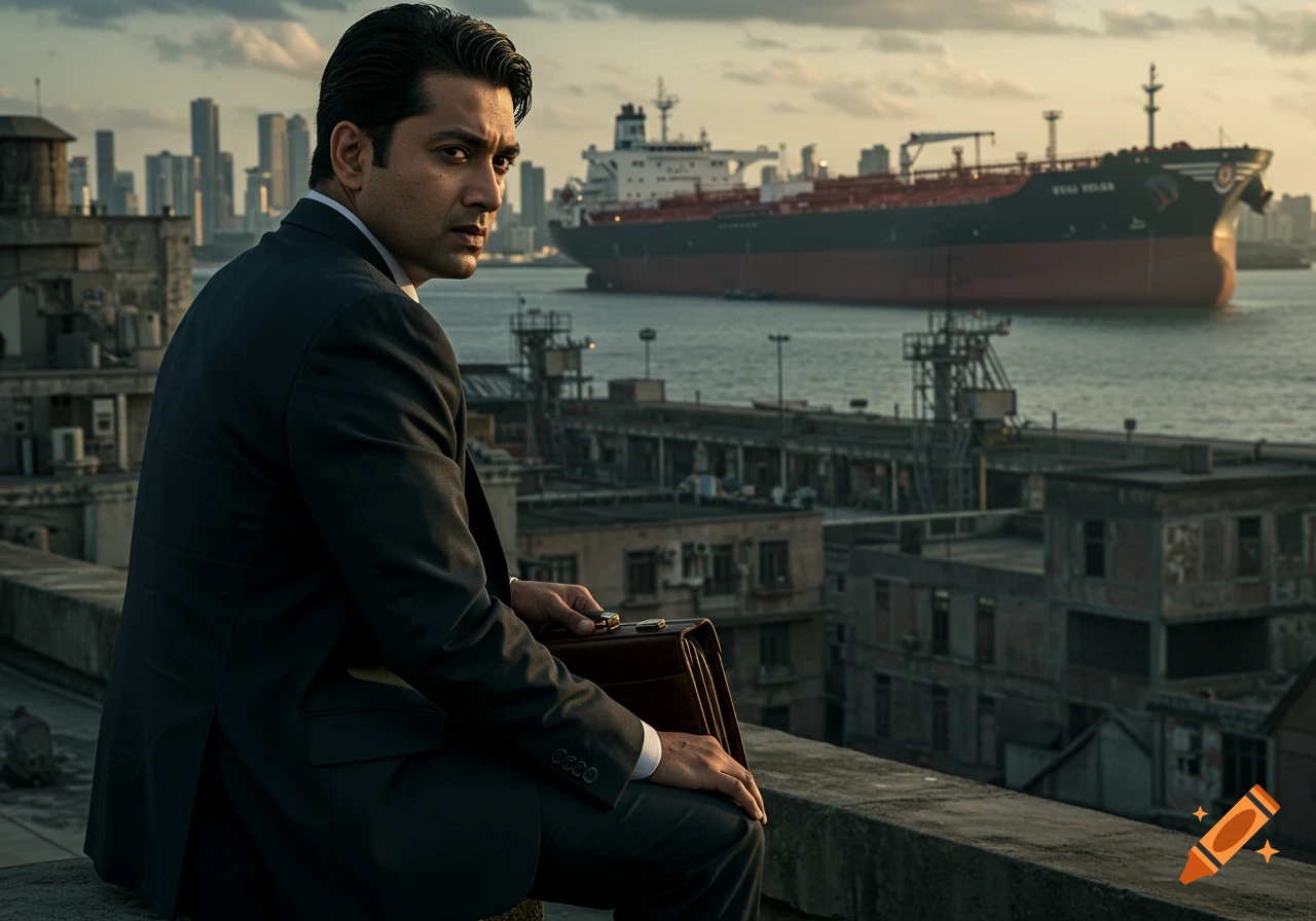 Man in suit on ledge overlooking harbor with ship and city skyline