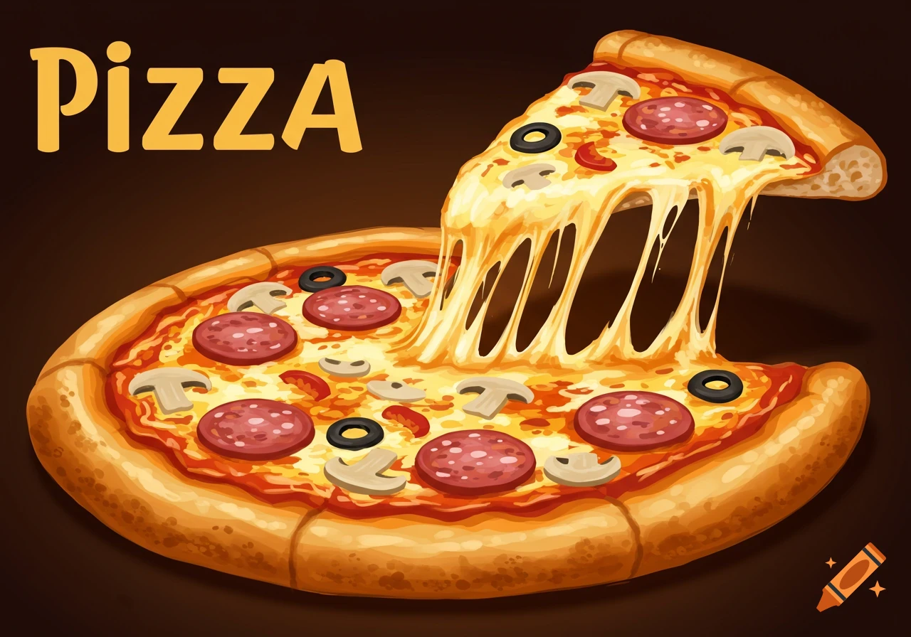 Stylized illustration of a pizza with a slice pulled, showing cheese pull, and the word "PizzA" above.